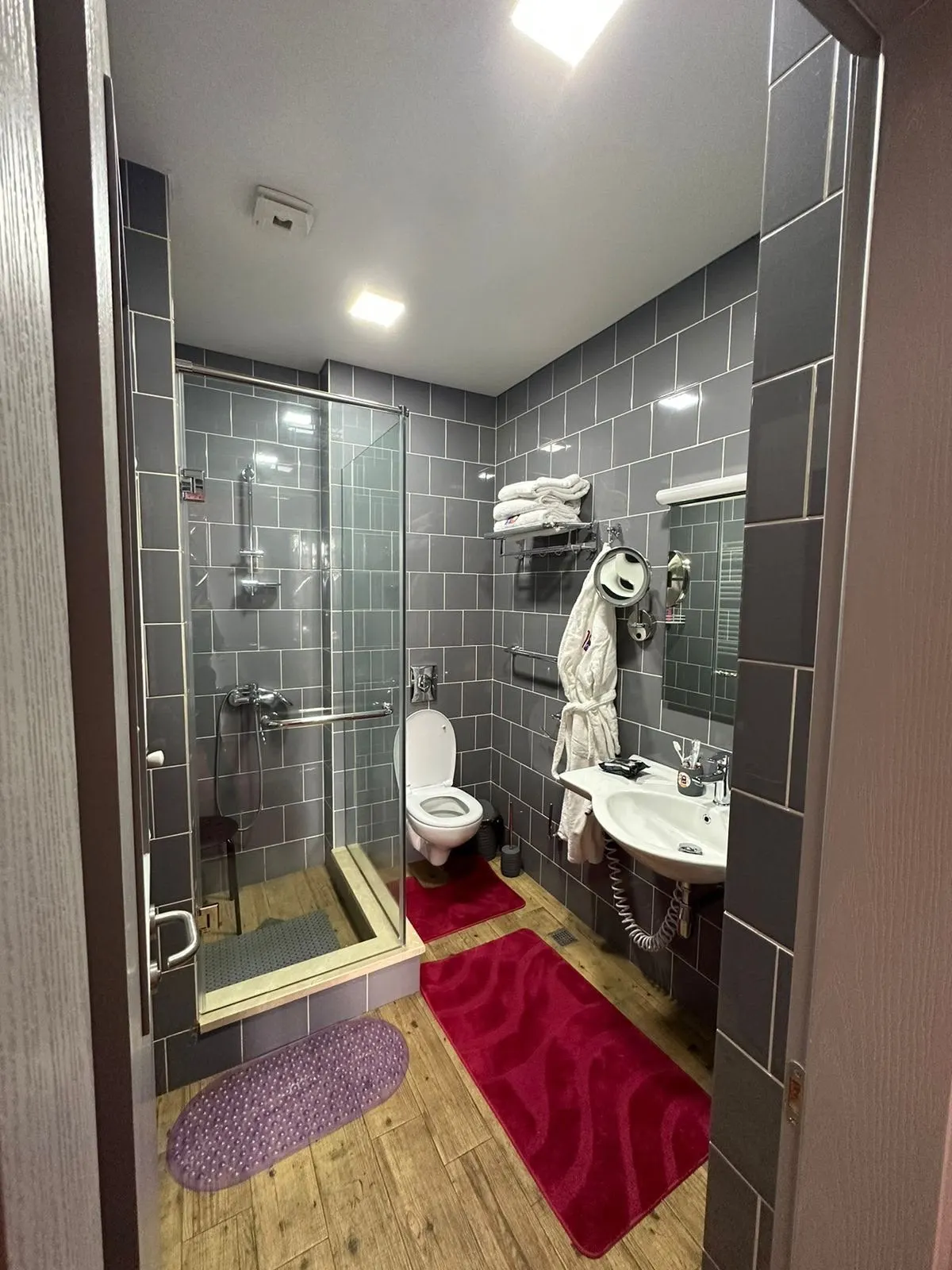Bathroom with walk-in shower, bathrobe and red bath mat