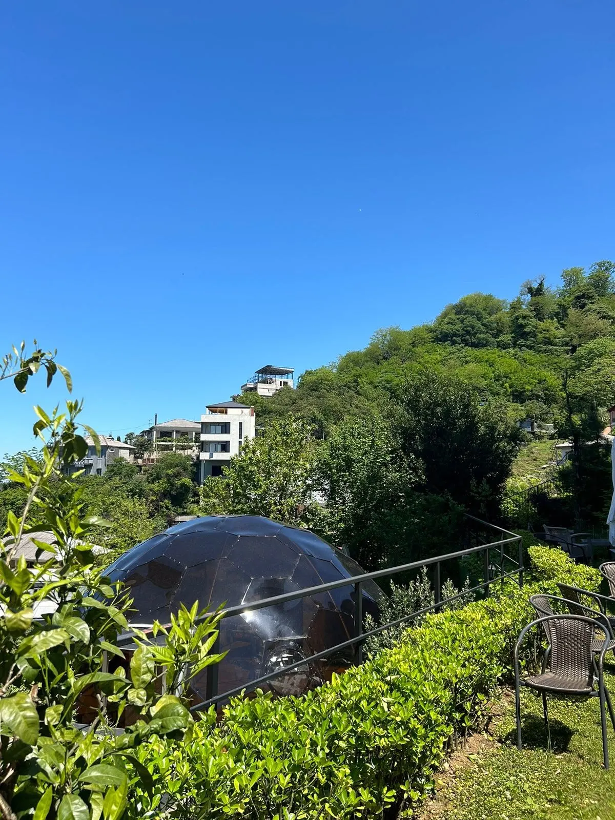 The dome nestled among the green garden terraces