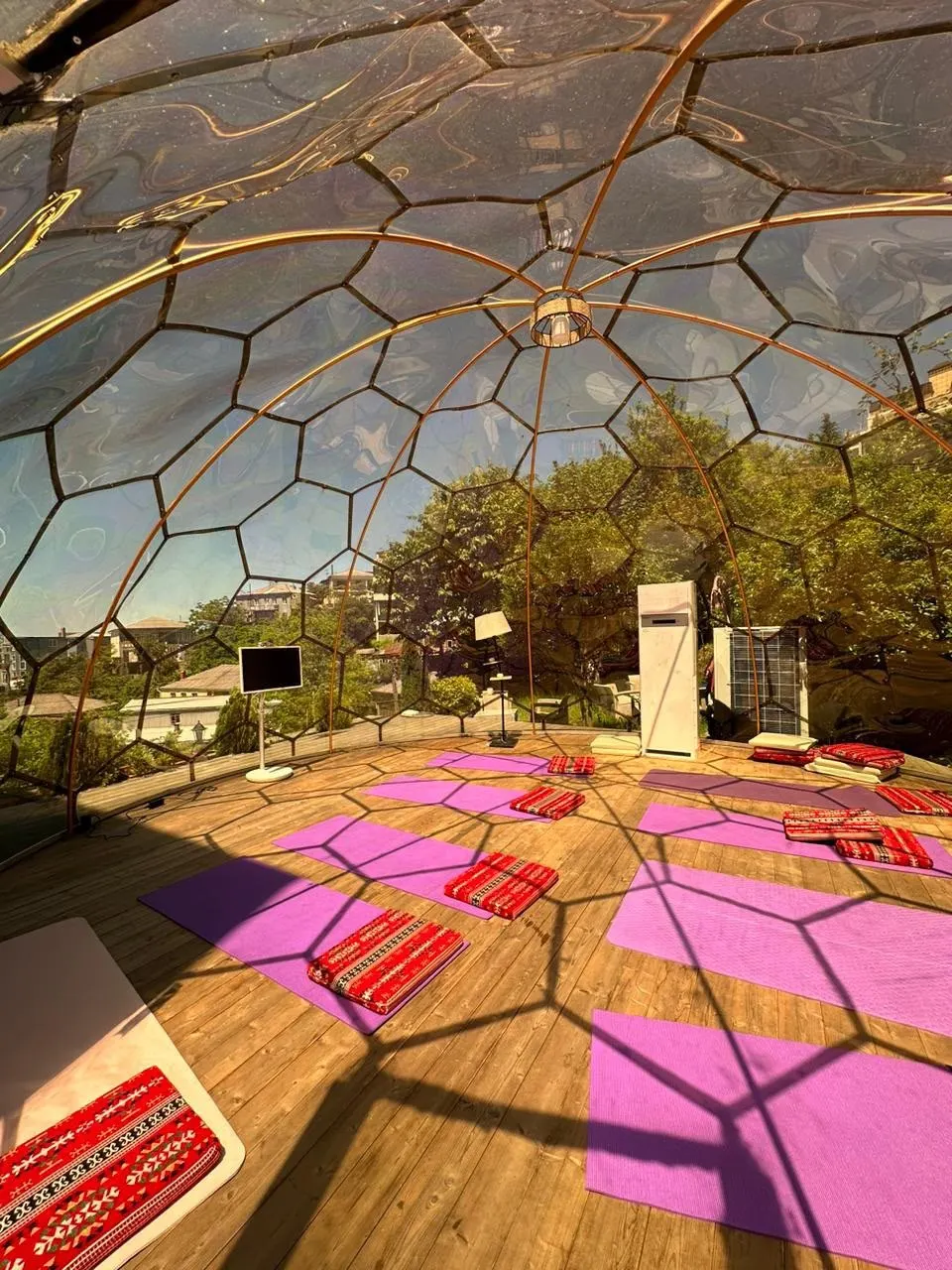 Yoga mats arranged inside the sunlit geodesic dome